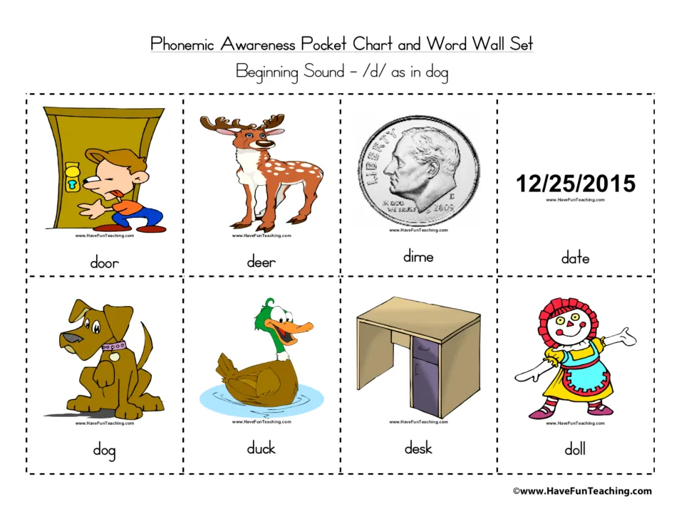 Labeled /d/ picture cards pairing each image with its word: door, deer, dime, date, dog, duck, desk and doll