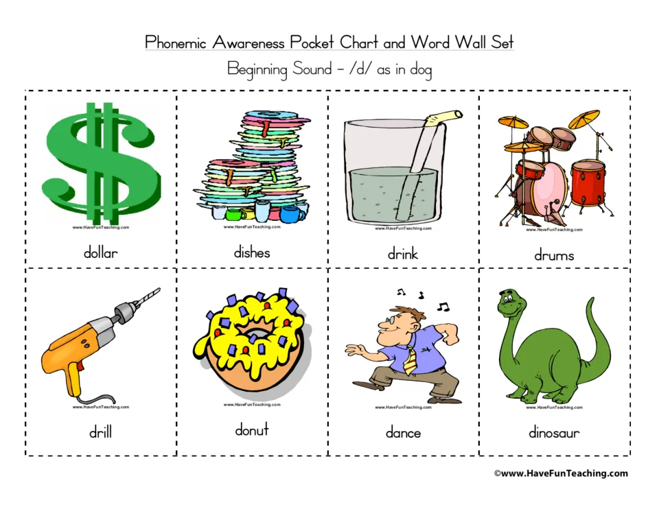 Labeled initial /d/ cards, a picture above each word: dollar, dishes, drink, drums, drill, donut, dance, dinosaur