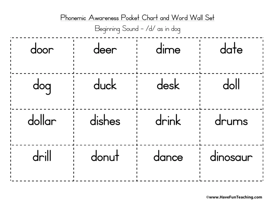 Word-only cards for all 16 /d/ words, door through dinosaur, for matching each printed word to its picture card