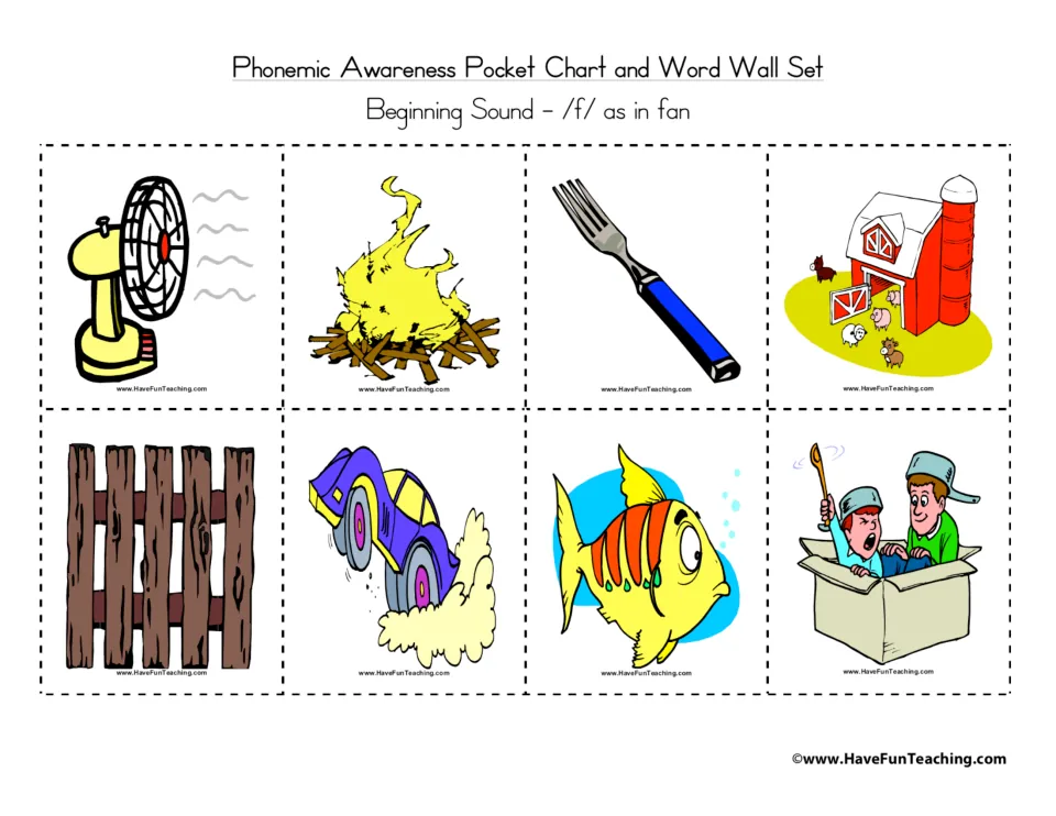 Beginning sound /f/ picture cards without words: fan, fire, fork, farm, fence, fast car, fish and fort to cut apart
