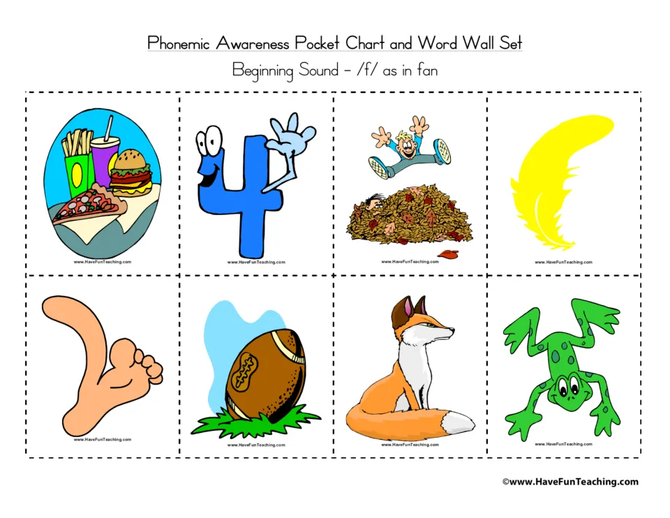 Beginning sound /f/ picture cards without words: food, four, fall, feather, foot, football, fox and frog to cut out