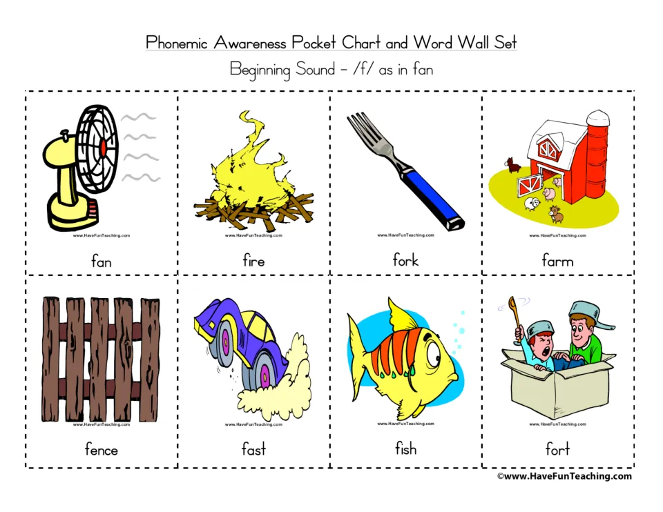 /f/ as in fan labelled picture cards: fan, fire, fork, farm, fence, fast, fish and fort, each with its word printed below
