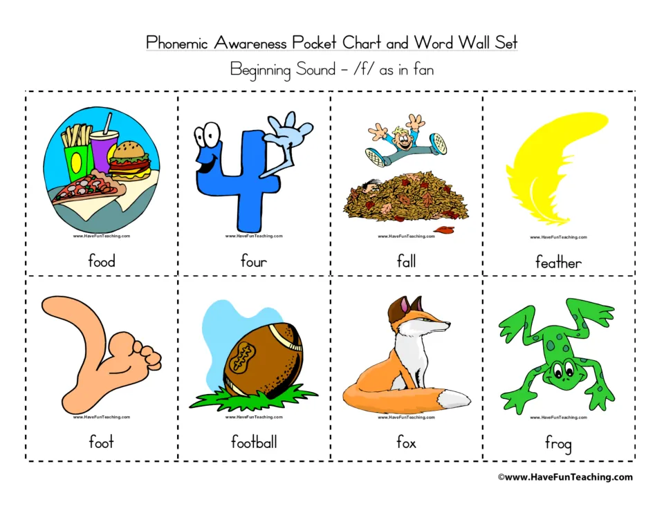 /f/ as in fan labelled picture cards: food, four, fall, feather, foot, football, fox and frog, each word printed below