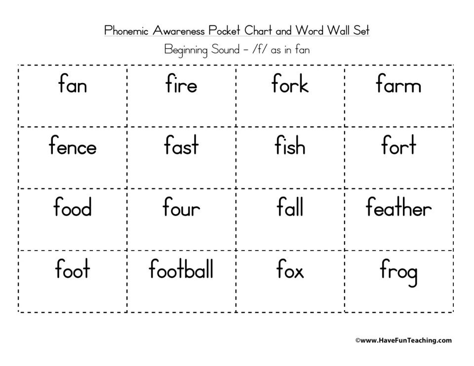Beginning sound /f/ word cards: 16 text-only words from fan and fire to fox and frog, to pair with the pictures