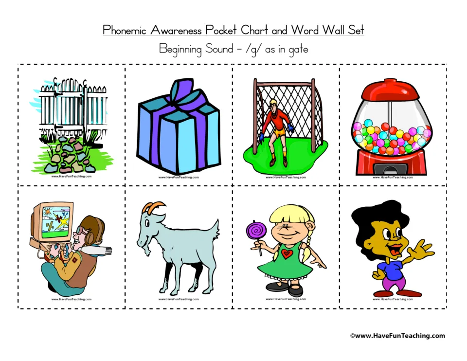 Beginning /g/ sound picture cards: gate, gift, goal, gumball machine, computer game, goat and two girls, with no words