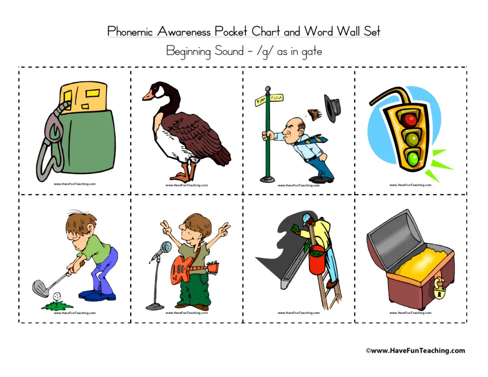 Beginning /g/ sound picture cards: gas pump, goose, wind gust, traffic light, golf, guitar, gutter and gold, unlabeled