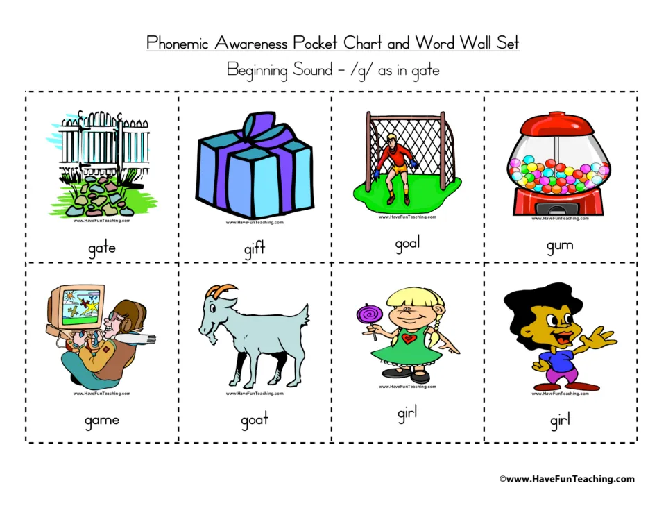 Labeled /g/ picture cards naming gate, gift, goal, gum, game, goat and girl so students hear the beginning /g/ sound