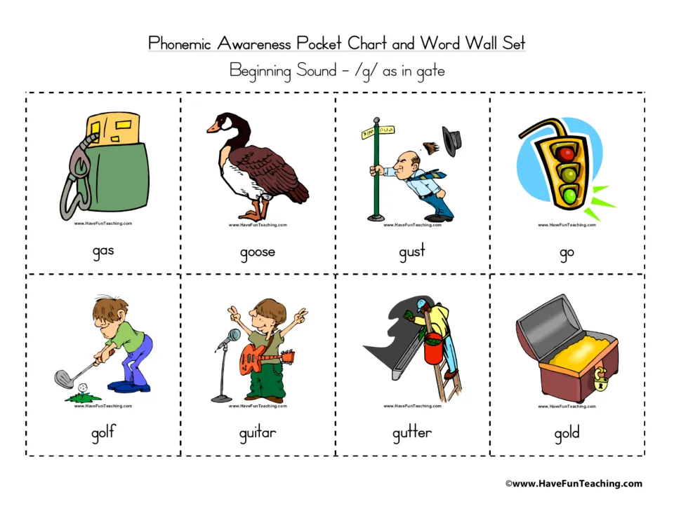Labeled /g/ picture cards naming gas, goose, gust, go, golf, guitar, gutter and gold for beginning sound practice