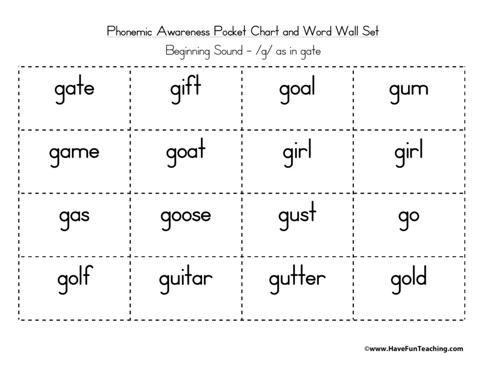 Word-only /g/ cards: 16 printed words from gate and gift to guitar, gutter and gold for matching to the picture cards