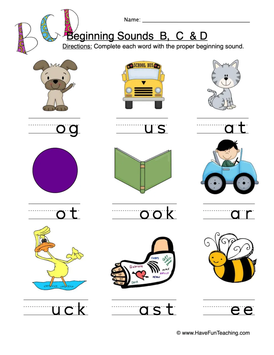 Beginning sounds practice: complete dog, bus, cat, dot, book, car, duck, cast, and bee with B, C, or D.