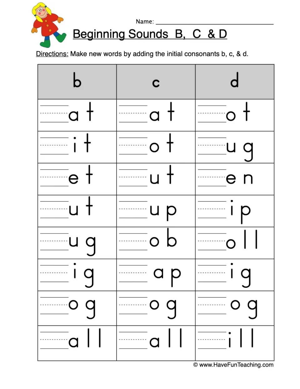 Initial consonants b, c and d: students write each letter before 8 word endings like _at, _ot and _ug to make new words