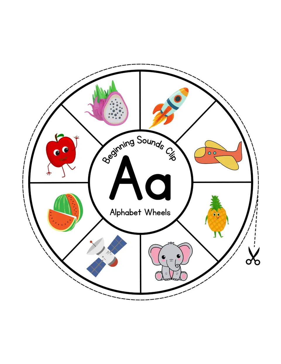 Letter Aa beginning sounds wheel: students clip the A pictures, apple and airplane, among a rocket, elephant and pineapple