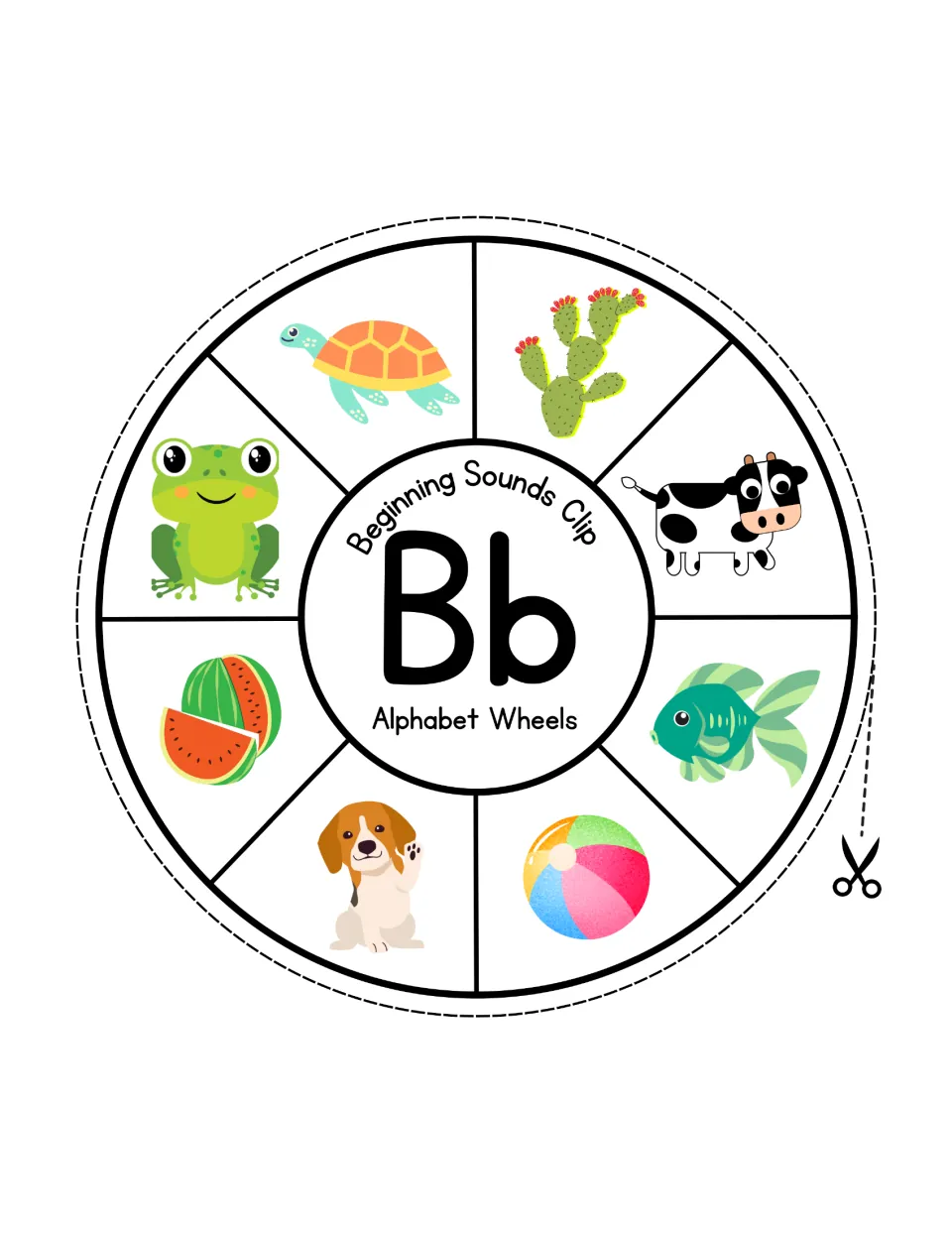 Letter Bb sound wheel: students clip the ball among pictures of a turtle, cactus, cow, fish, dog, frog and watermelon