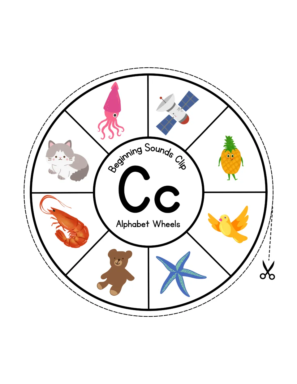 Letter Cc sound wheel: students clip the cat among a squid, satellite, pineapple, bird, starfish, teddy bear and shrimp