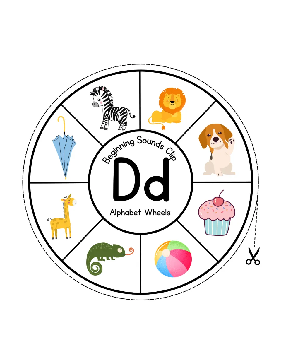 Letter Dd sound wheel: students clip the dog among a zebra, lion, cupcake, ball, chameleon, giraffe and umbrella