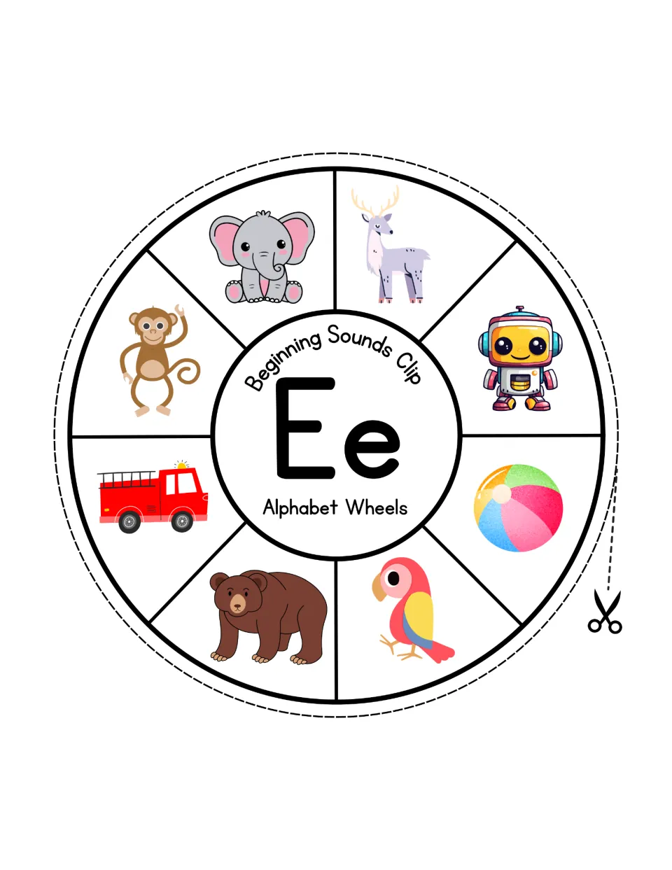 Letter Ee sound wheel: students clip the elephant among a deer, robot, ball, parrot, bear, fire truck and monkey
