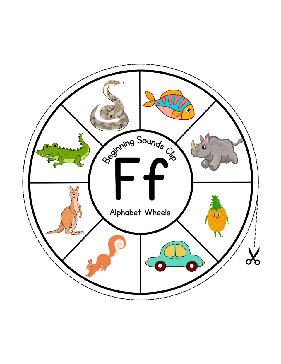 Letter Ff sound wheel: students clip the fish among a snake, rhino, pineapple, car, squirrel, kangaroo and crocodile