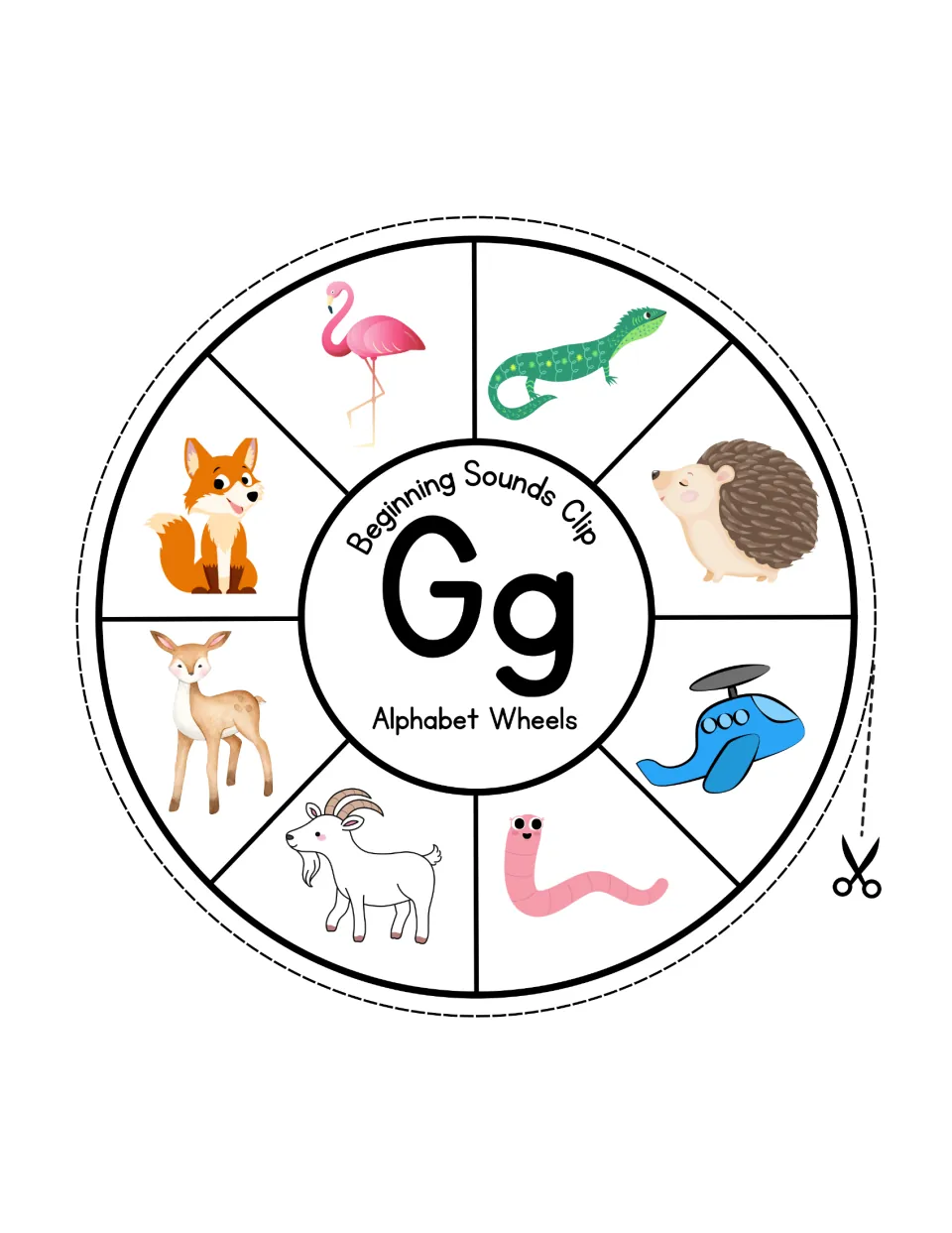 Letter Gg sound wheel: students clip the goat among a flamingo, lizard, hedgehog, helicopter, worm, deer and fox