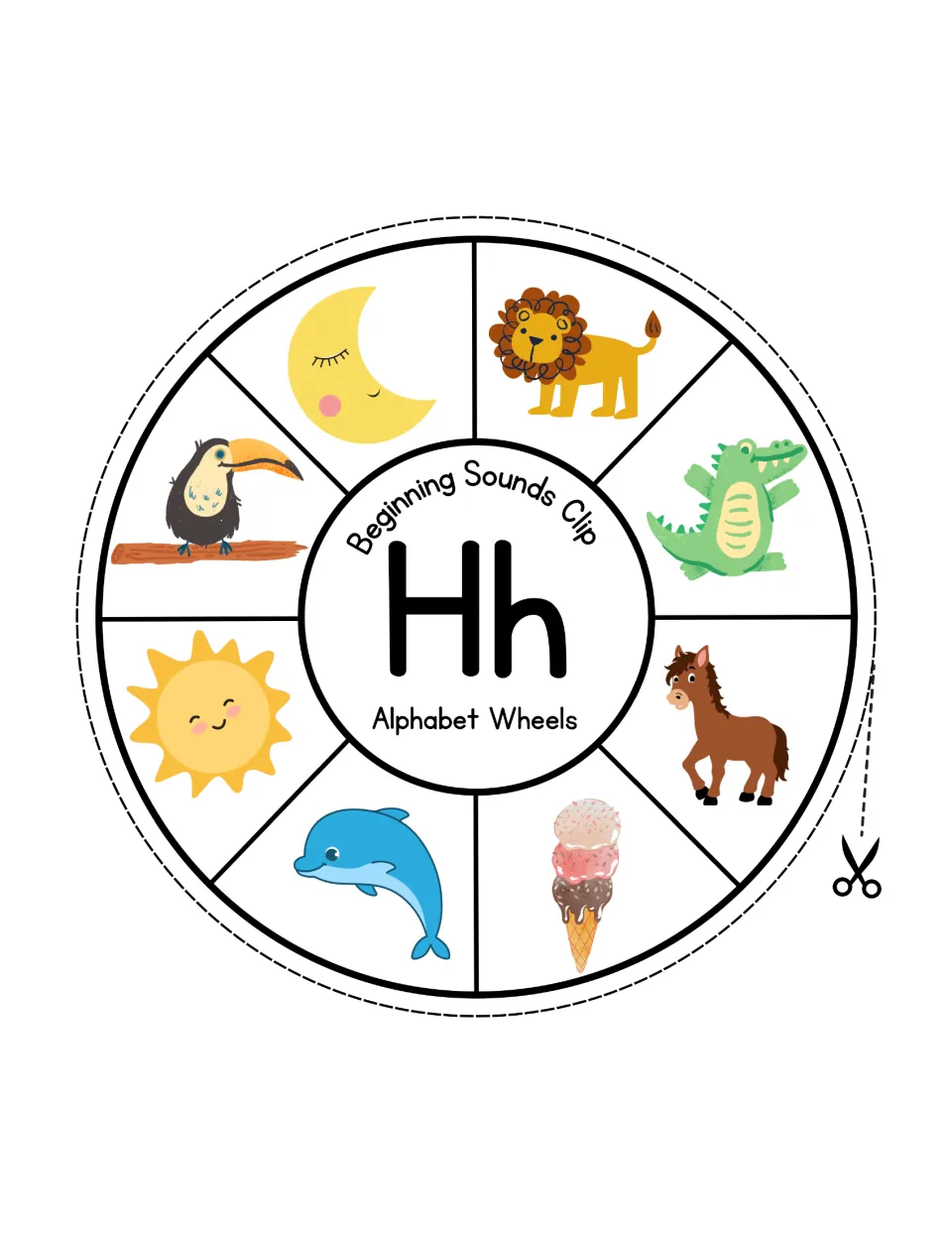 Letter Hh sound wheel: students clip the horse among a moon, lion, crocodile, ice cream, dolphin, sun and toucan