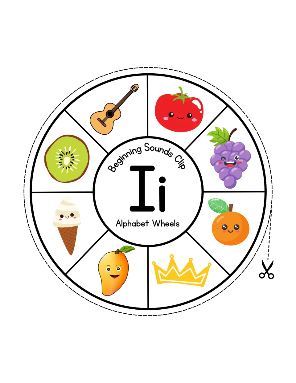 Letter Ii sound wheel: students clip the ice cream among a guitar, tomato, grapes, orange, crown, mango and kiwi