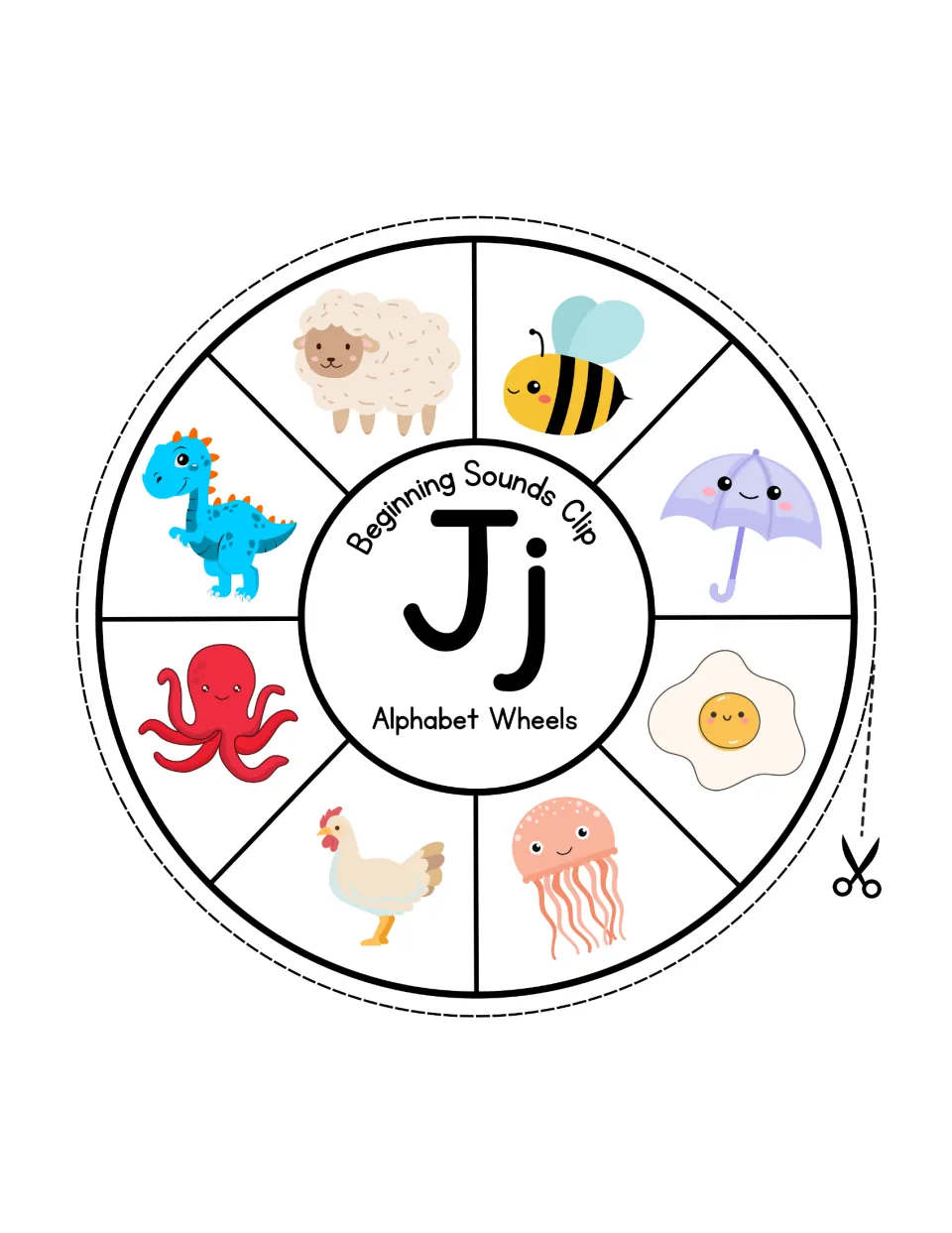 Letter Jj sound wheel: students clip the jellyfish among a sheep, bee, umbrella, egg, chicken, octopus and dinosaur