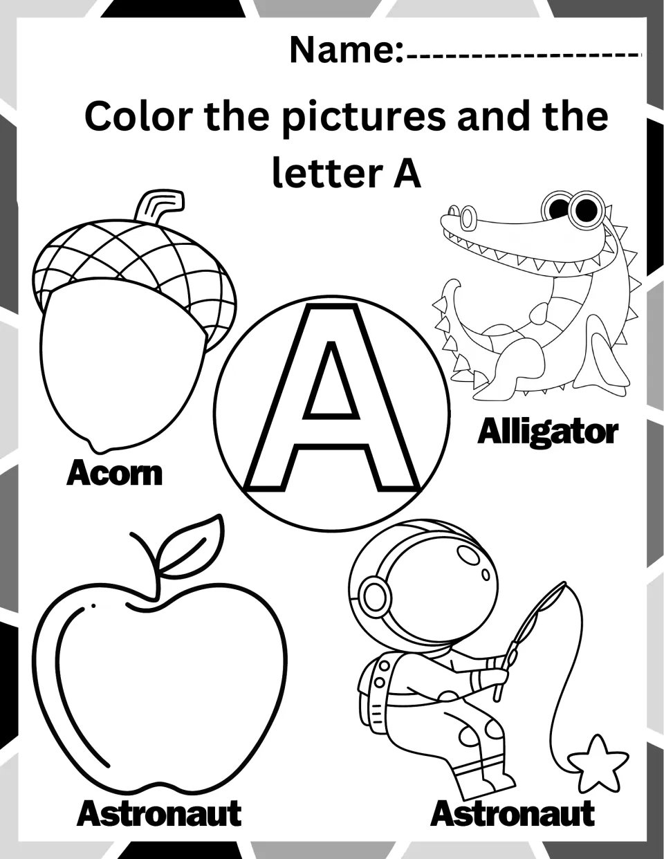 Letter A coloring worksheet: acorn, alligator, apple labeled 'Astronaut', and astronaut around uppercase A