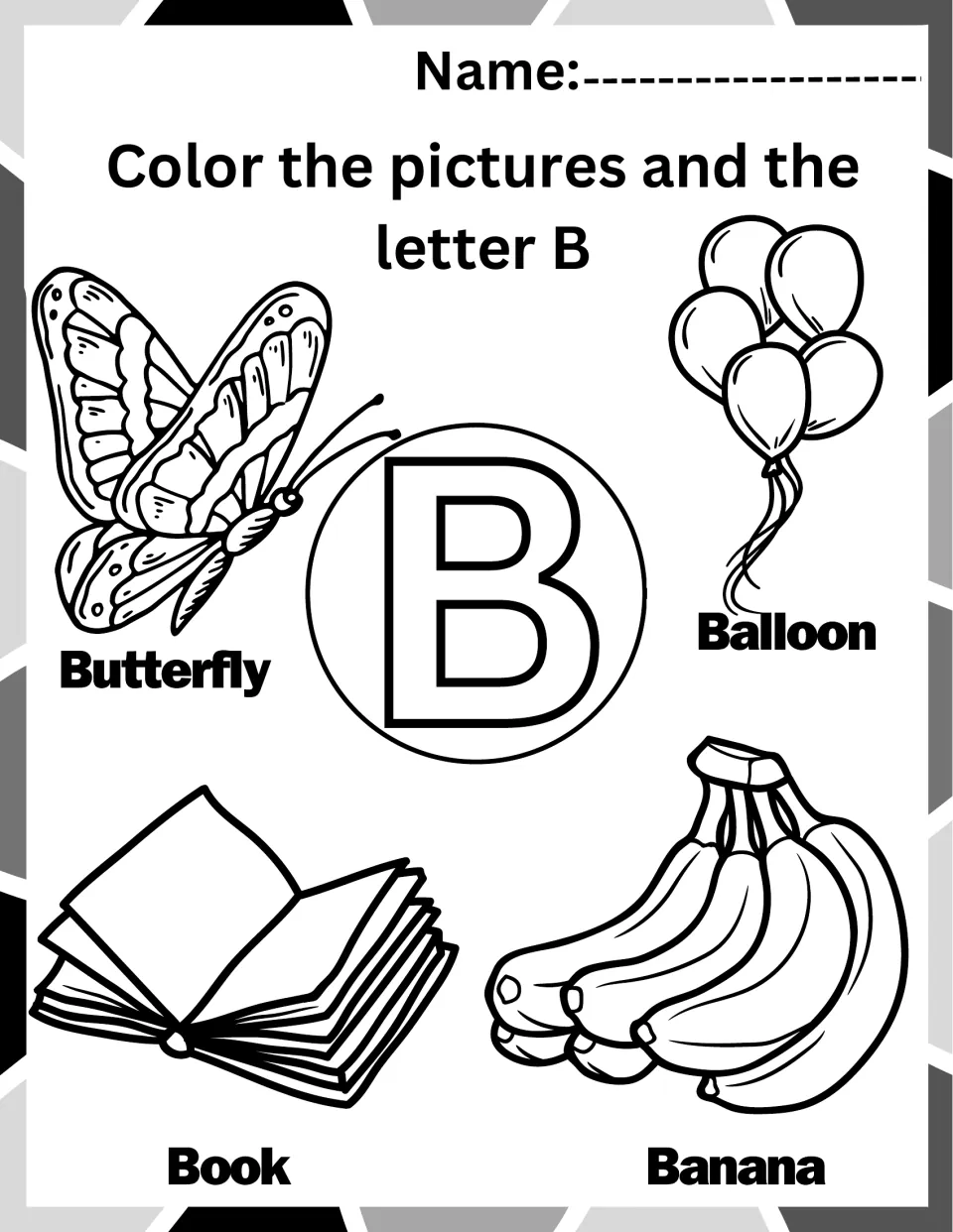 Letter B coloring worksheet: uppercase B and pictures labeled Butterfly, Balloon, Book, and Banana