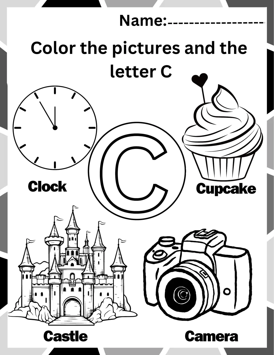 Letter C coloring worksheet: uppercase C and pictures labeled Clock, Cupcake, Castle, and Camera