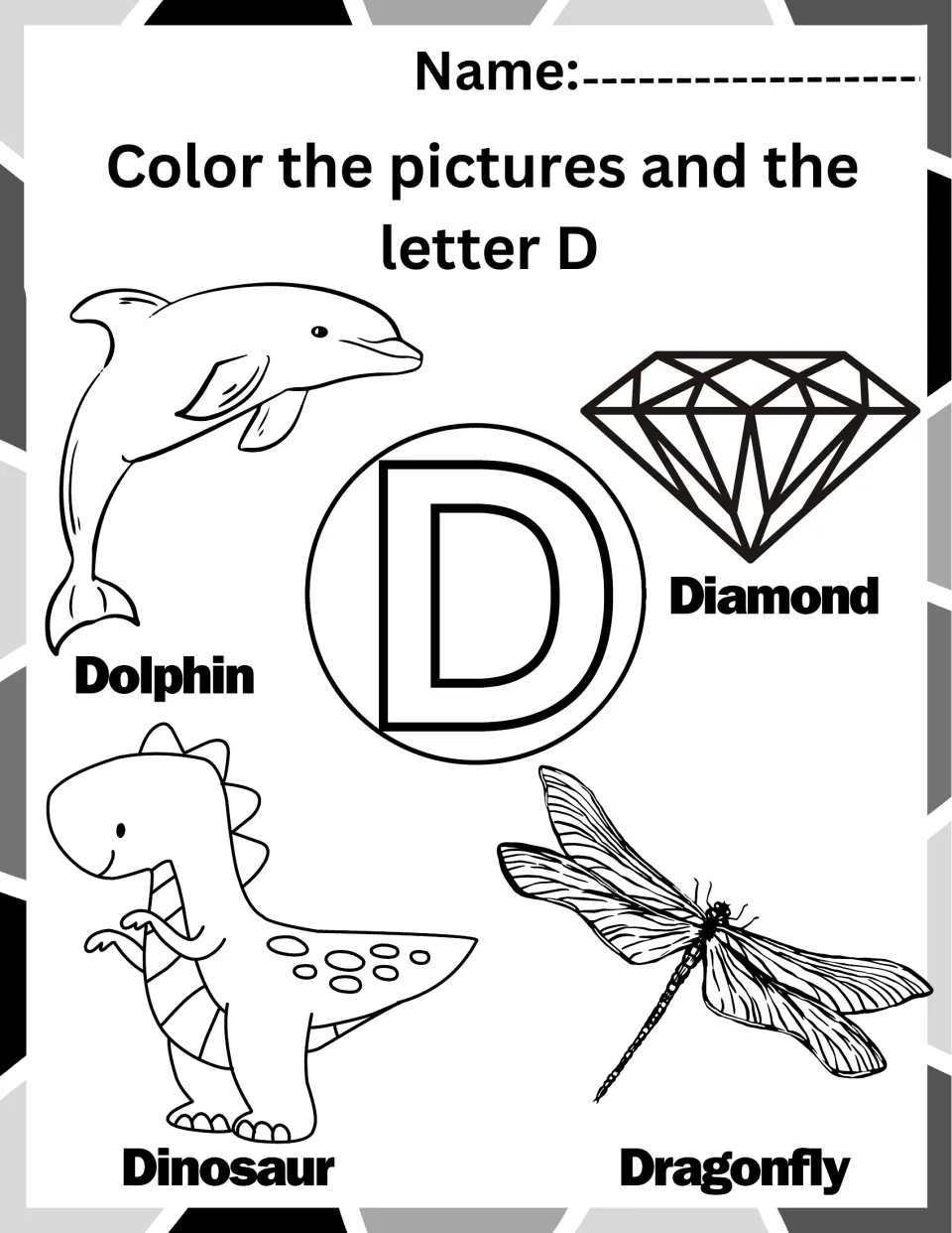 Letter D coloring worksheet: uppercase D and pictures labeled Dolphin, Diamond, Dinosaur, and Dragonfly