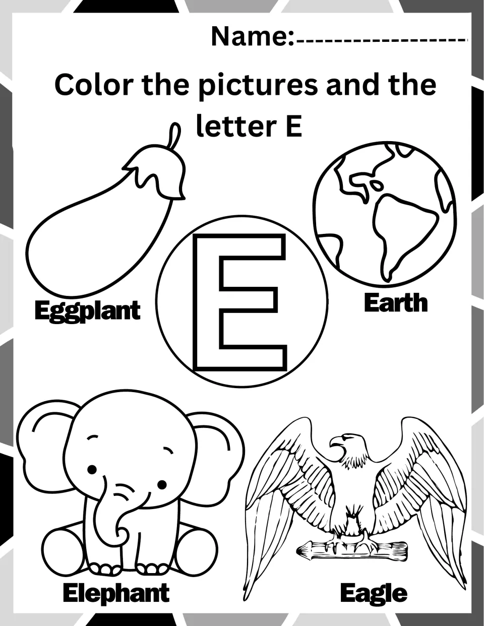 Letter E coloring worksheet: uppercase E and pictures labeled Eggplant, Earth, Elephant, and Eagle