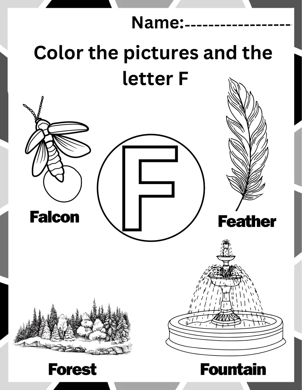 Letter F coloring worksheet: uppercase F, a firefly labeled 'Falcon', feather, forest, and fountain