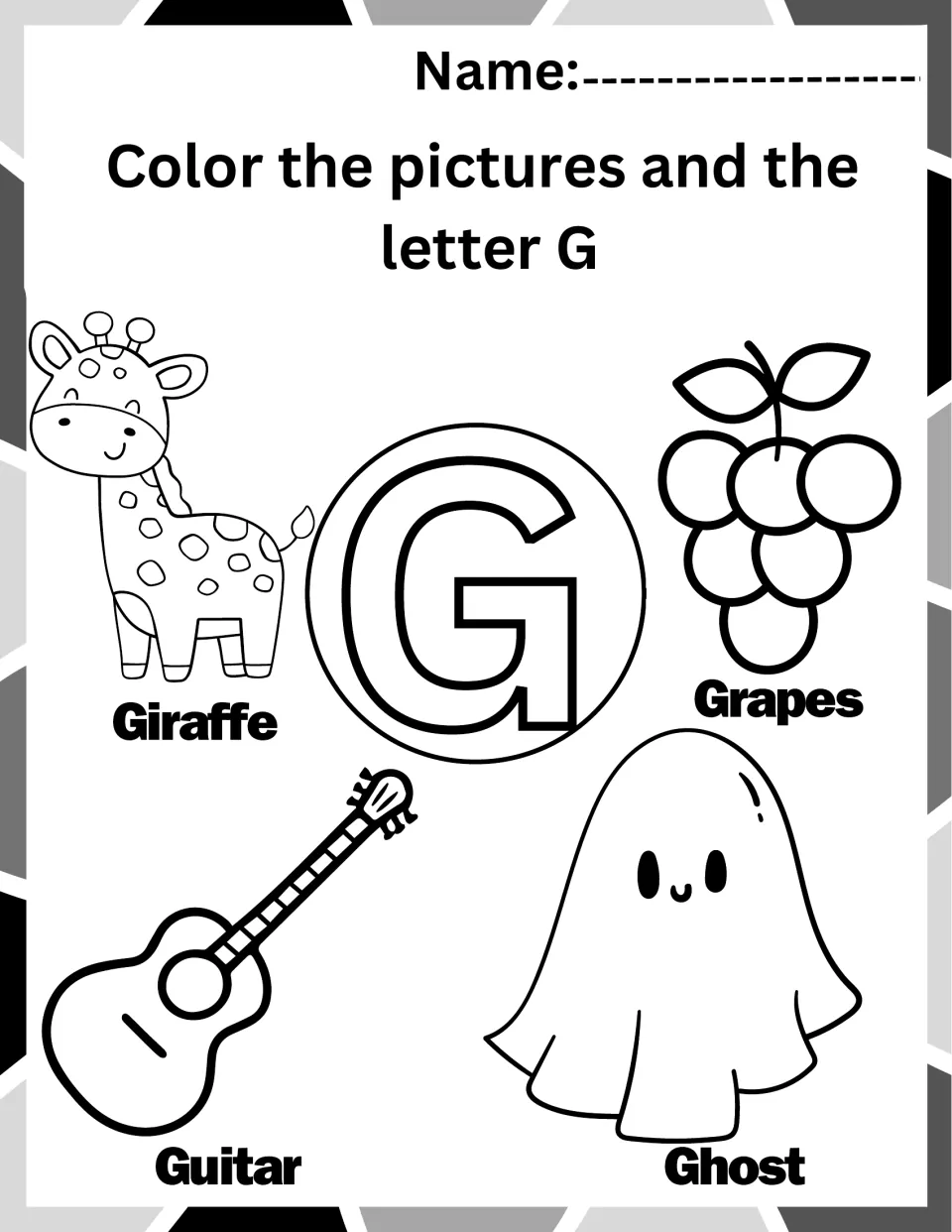 Letter G coloring worksheet: uppercase G and pictures labeled Giraffe, Grapes, Guitar, and Ghost