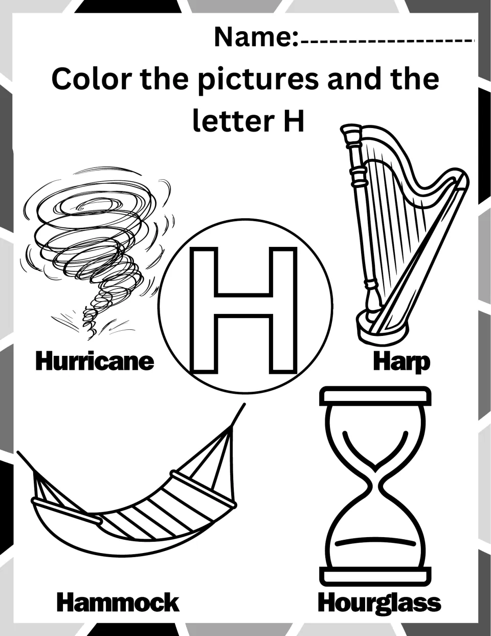 Letter H coloring worksheet: uppercase H, a funnel cloud labeled 'Hurricane', harp, hammock, and hourglass