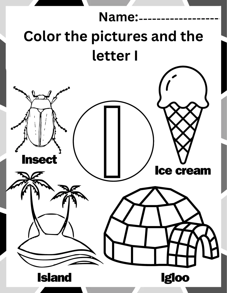Letter I coloring worksheet: uppercase I and pictures labeled Insect, Ice cream, Island, and Igloo