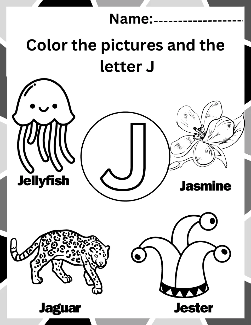 Letter J coloring worksheet: uppercase J, jellyfish, jasmine, jaguar, and a jester hat labeled 'Jester'