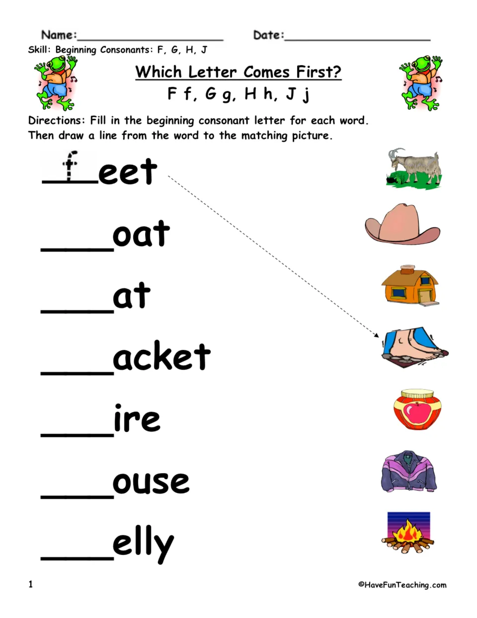 Beginning consonant practice 1: complete feet, goat, hat, jacket, fire, house, and jelly; match pictures.