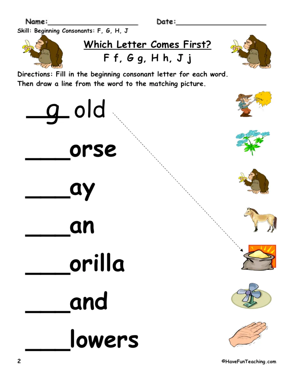 Beginning consonant practice 2: complete gold, horse, hay, fan, gorilla, hand, and flowers; match pictures.