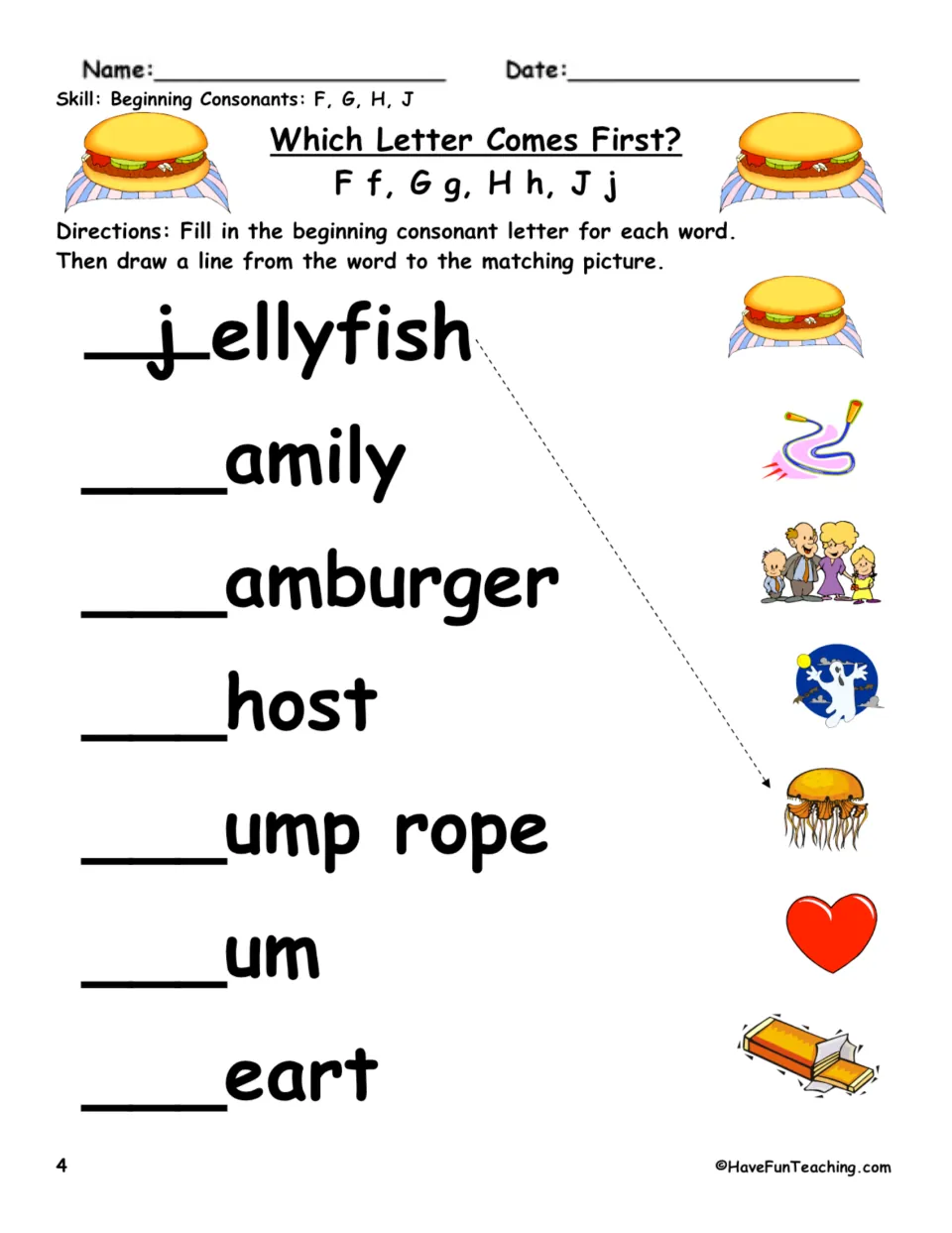 Beginning consonant practice 4: complete jellyfish, family, hamburger, and four more words; match pictures.