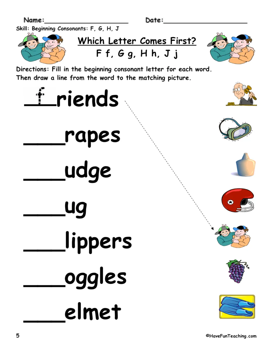 Beginning consonant practice 5: complete friends, grapes, judge, and four more words; match pictures.