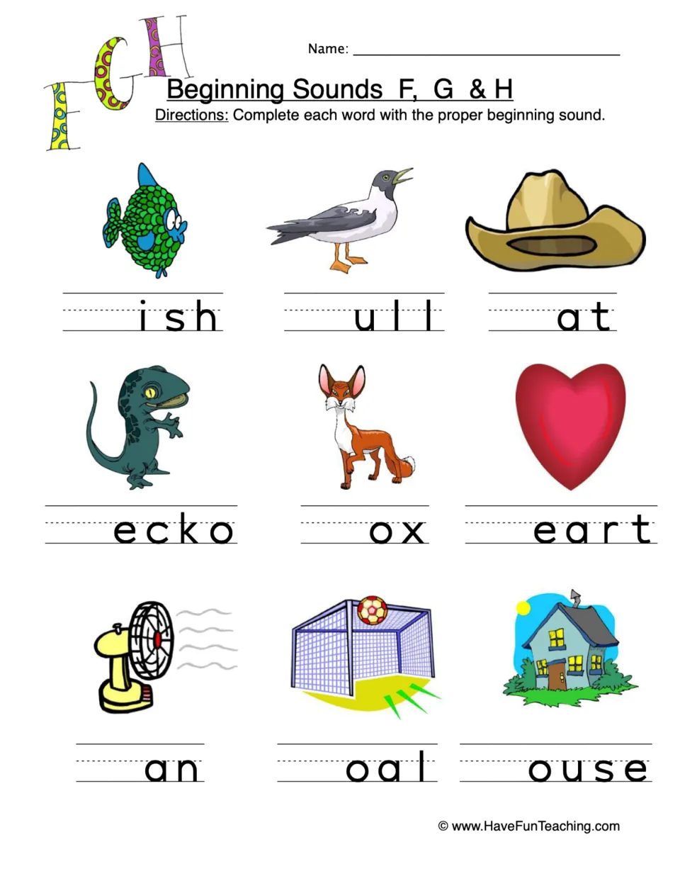 F, G and H beginning sounds: students write the missing first letter under 9 pictures such as fish, gull, hat and fox