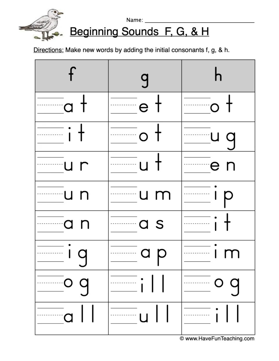 Beginning sounds practice: add f, g, and h to complete 24 words, including fat, get, hot, fun, gum, and hip.