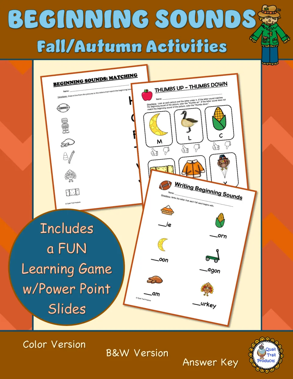 Beginning Sounds Fall/Autumn Activities cover: sample matching, thumbs up and writing sheets; game with PowerPoint slides