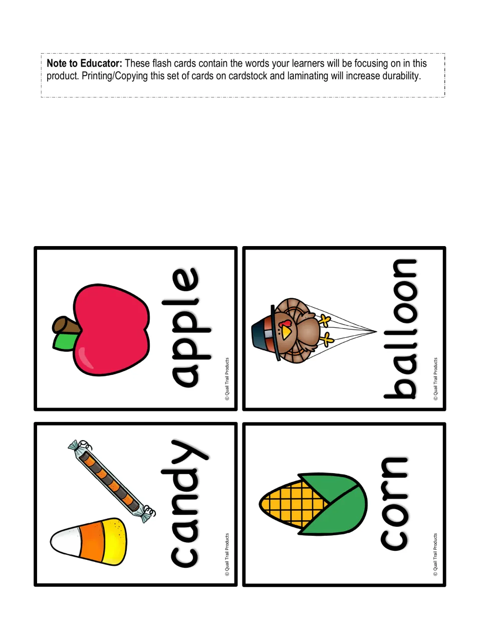 Fall vocabulary flash cards: picture word cards for apple, balloon, candy and corn to preview the focus words