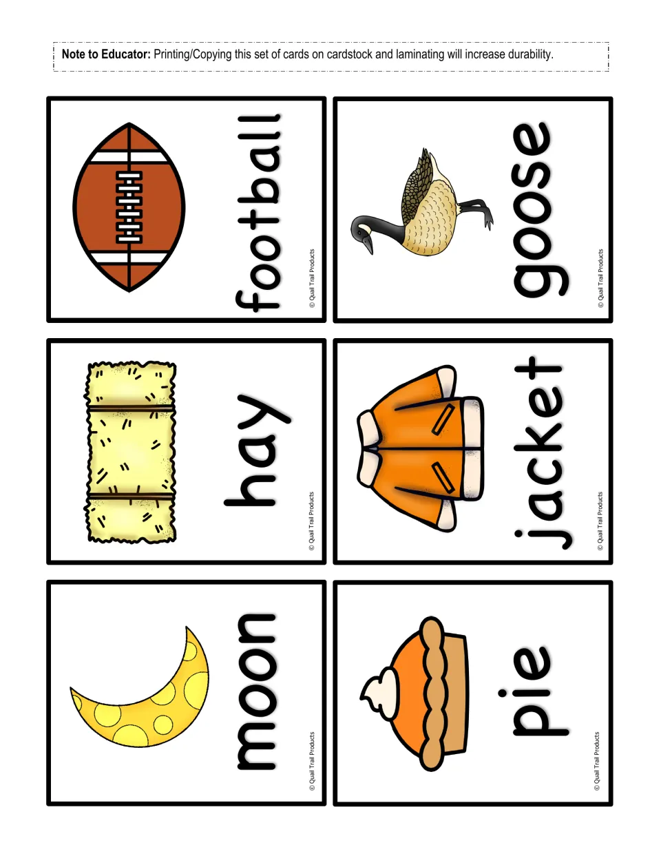 Autumn picture cards for football, goose, hay, jacket, moon and pie, each pairing a clip-art image with its printed word