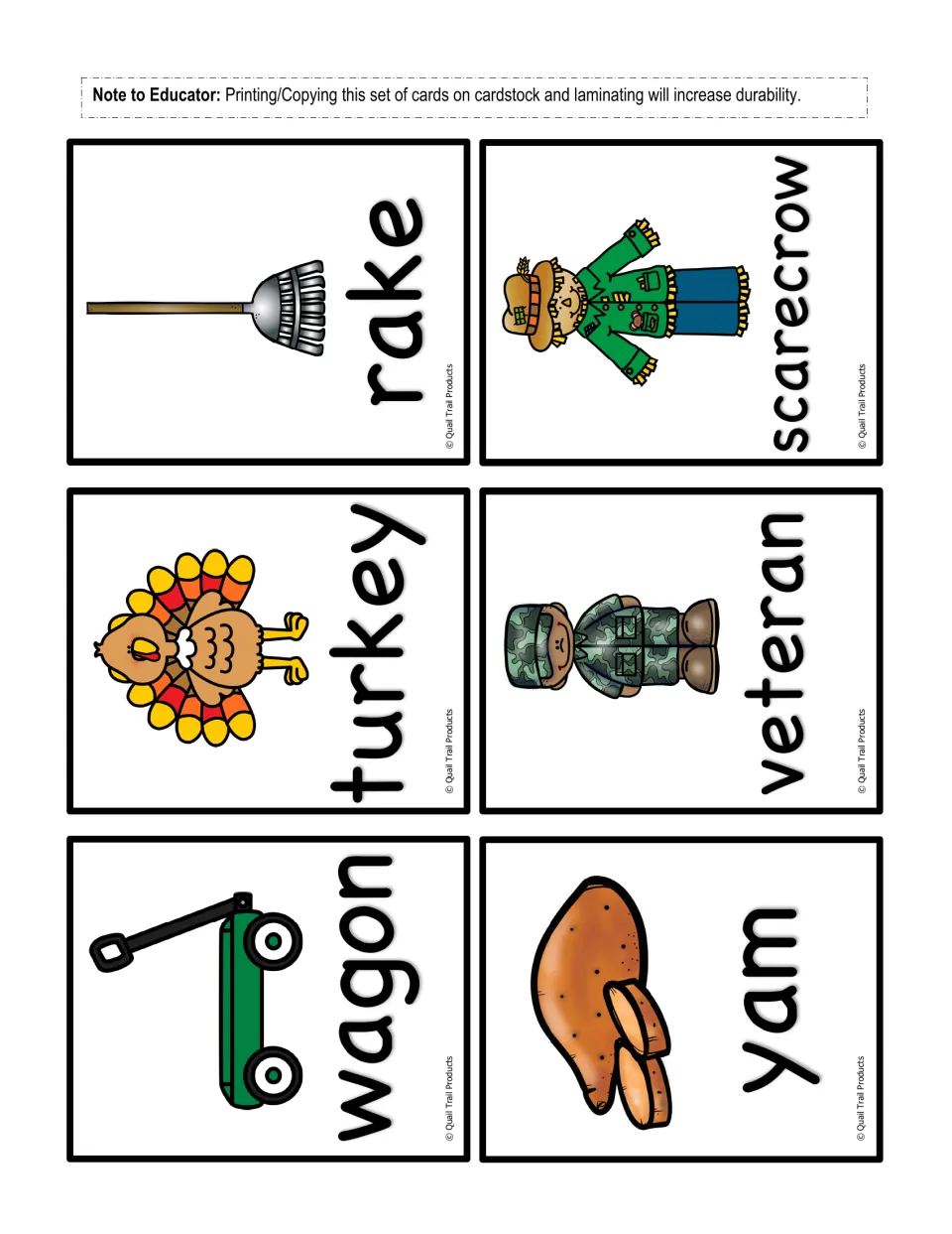 Seasonal word cards for rake, scarecrow, turkey, veteran, wagon and yam, each showing a picture beside its word
