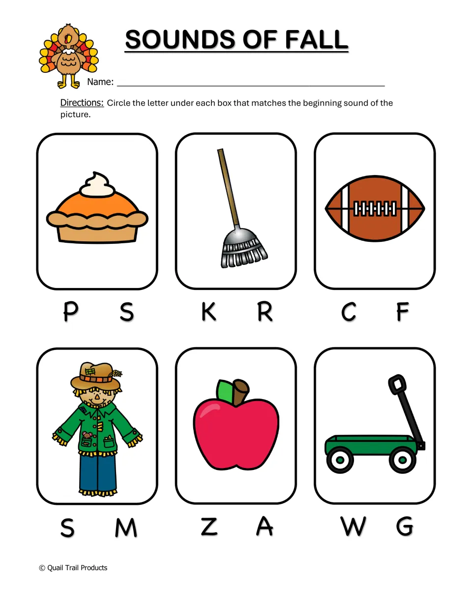 Sounds of Fall: students circle the letter matching the first sound of pie, rake, football, scarecrow, apple and wagon