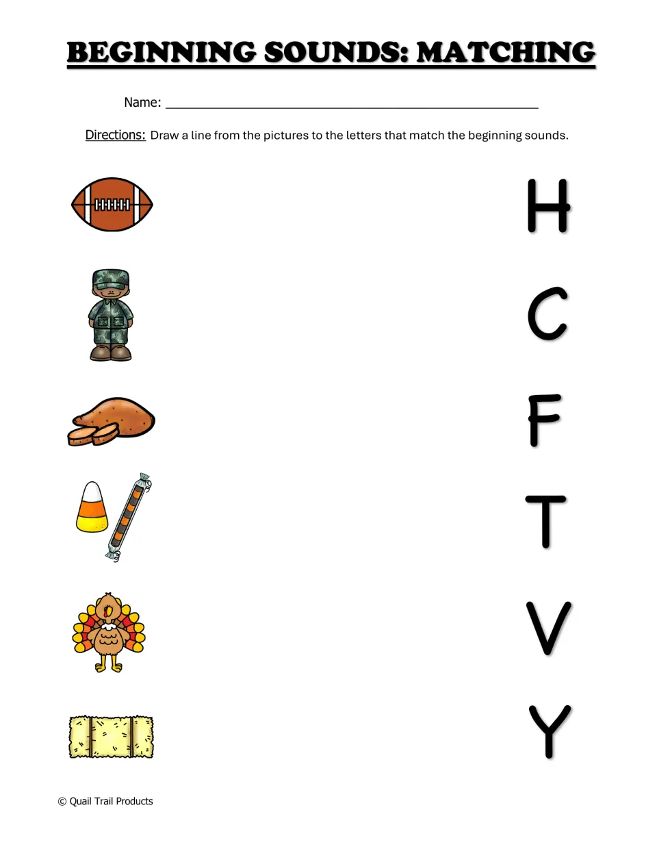 Matching first sounds: students draw lines from football, veteran, yam, candy, turkey and hay to letters H, C, F, T, V, Y