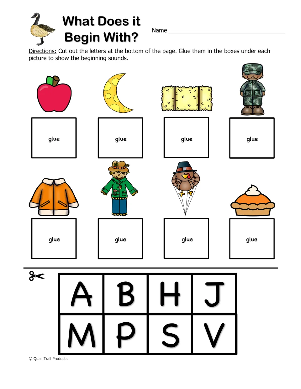 What Does it Begin With?: students cut out letters A, B, H, J, M, P, S, V and glue each under the fall picture it starts
