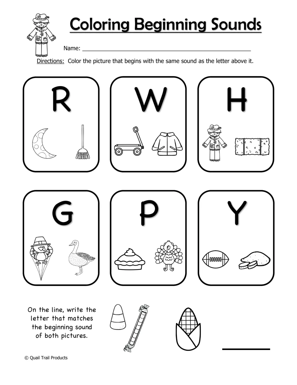 Coloring Beginning Sounds: students color the picture matching each letter, then write the first letter of candy and corn