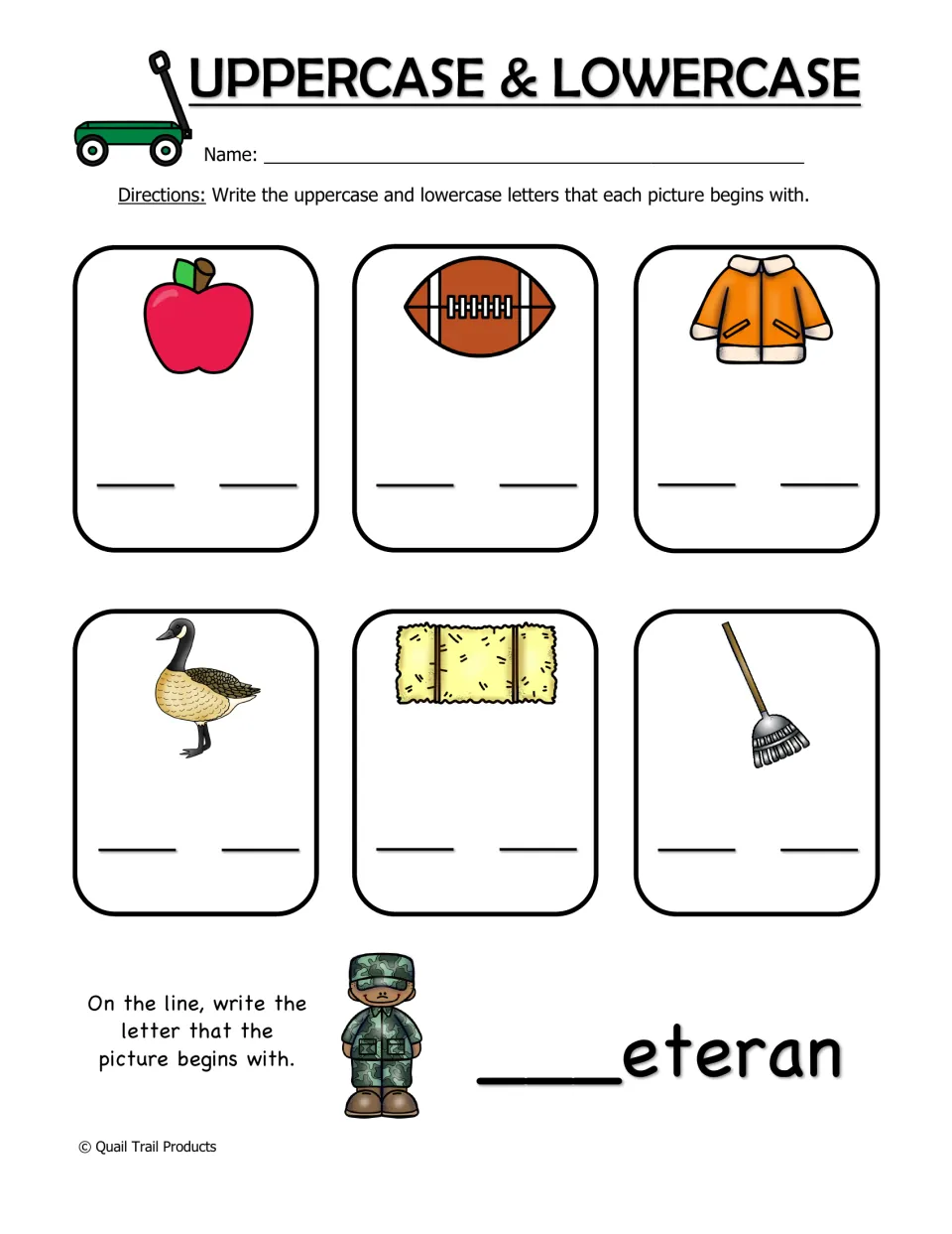 Uppercase & Lowercase: students write both letters for apple, football, jacket, goose, hay and rake, then complete _eteran